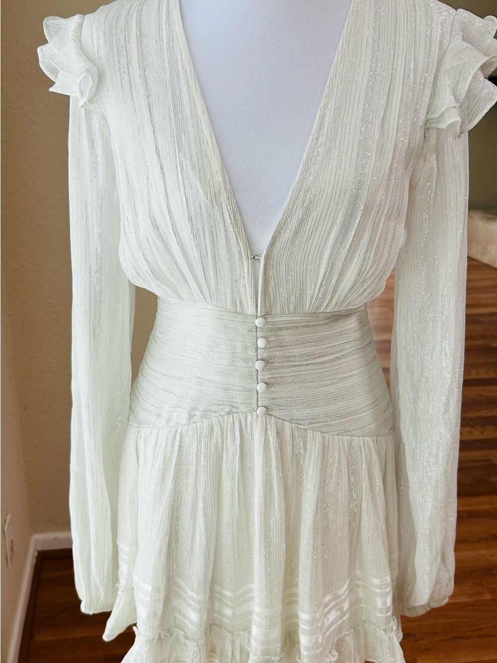 Rococo Sand True Mini dress in white w/ silver Long sleeve. Size Small - Picture 11 of 14